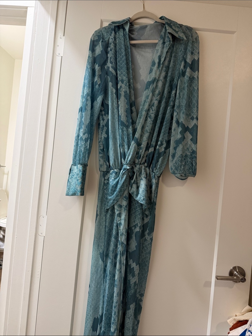 Light Teal Snake-Print Women's Swim Coverup Maxi with Tie Waist